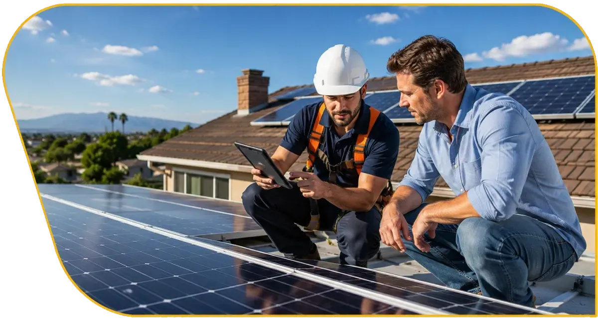 Two workers inspecting rooftop solar panels on a sunny house rooftop with the ocean in the background