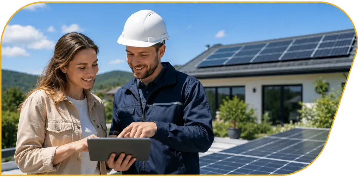 Two workers in hard hats review a tablet beside solar panels and a house