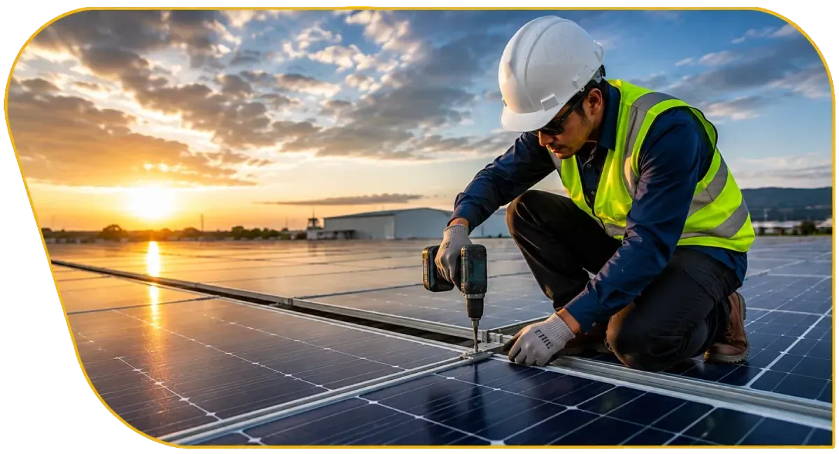 Worker installing solar panels at sunset on a rooftop, wearing a hard hat and safety vest.