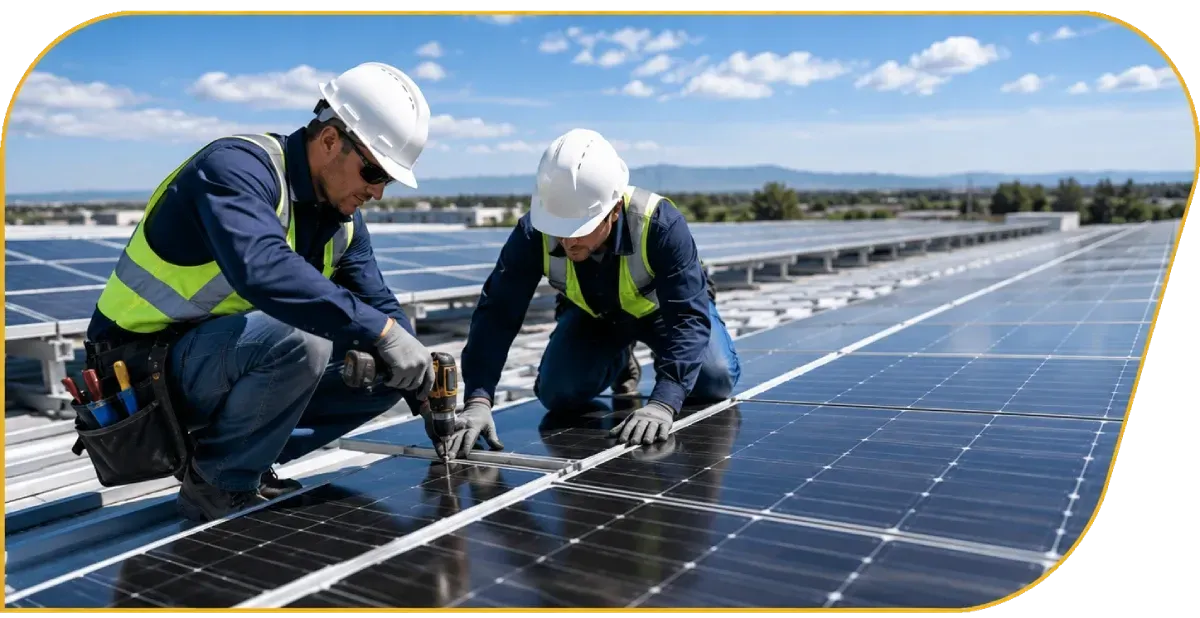 Workers installing solar panels on a rooftop under a blue sky