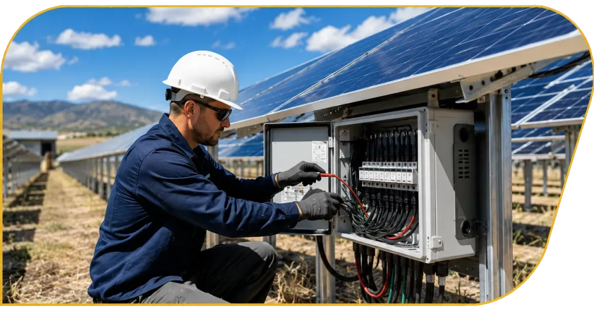 Technician inspecting wiring in a solar panel array under a clear blue sky