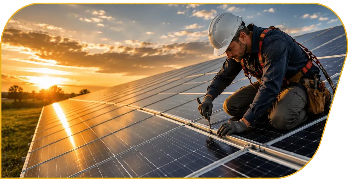 Technician working on rooftop solar panels at sunset