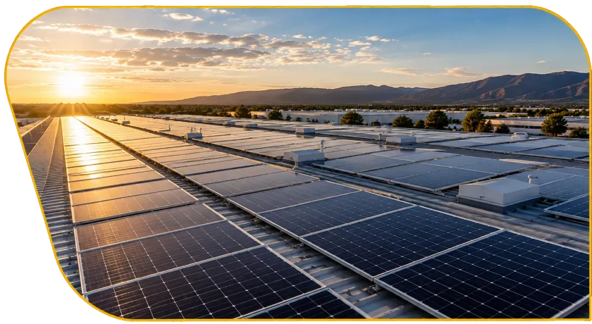 Solar panels at sunset in a wide field, with mountains and a glowing sky in the background