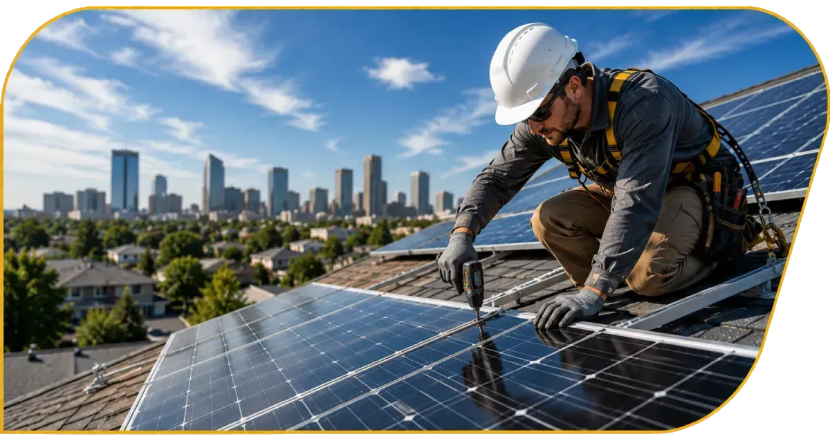 Worker in hard hat installing solar panels on a rooftop with a city skyline in the background