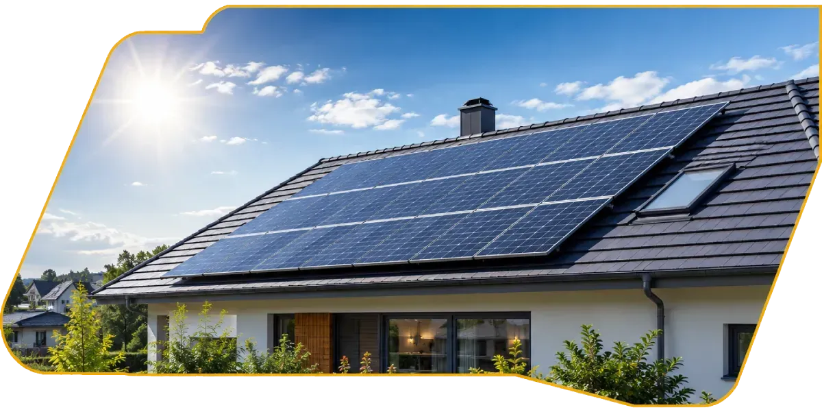 Solar panels on a house roof under a bright blue sky
