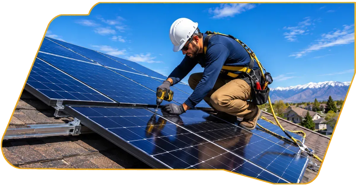 Worker cleaning solar panels on a rooftop under a blue sky