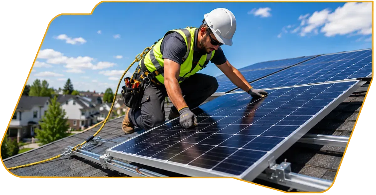 Worker in hard hat installing solar panels on a rooftop under a blue sky.