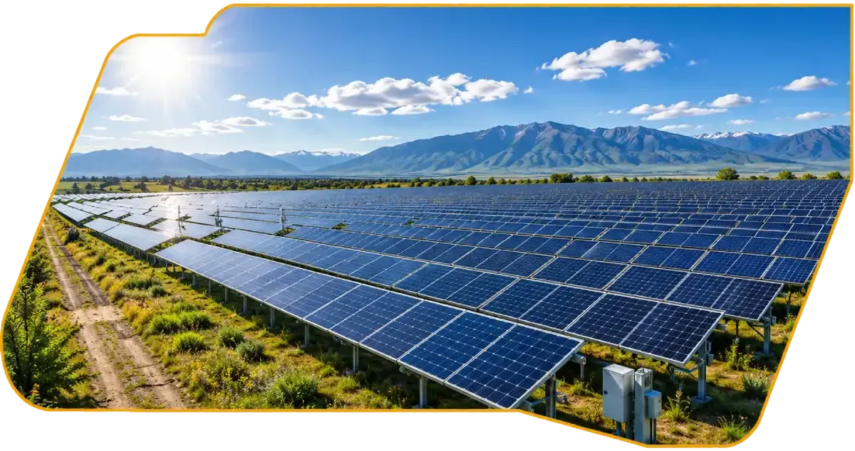 Solar panel farm in a sunny field with mountains and blue sky in the background