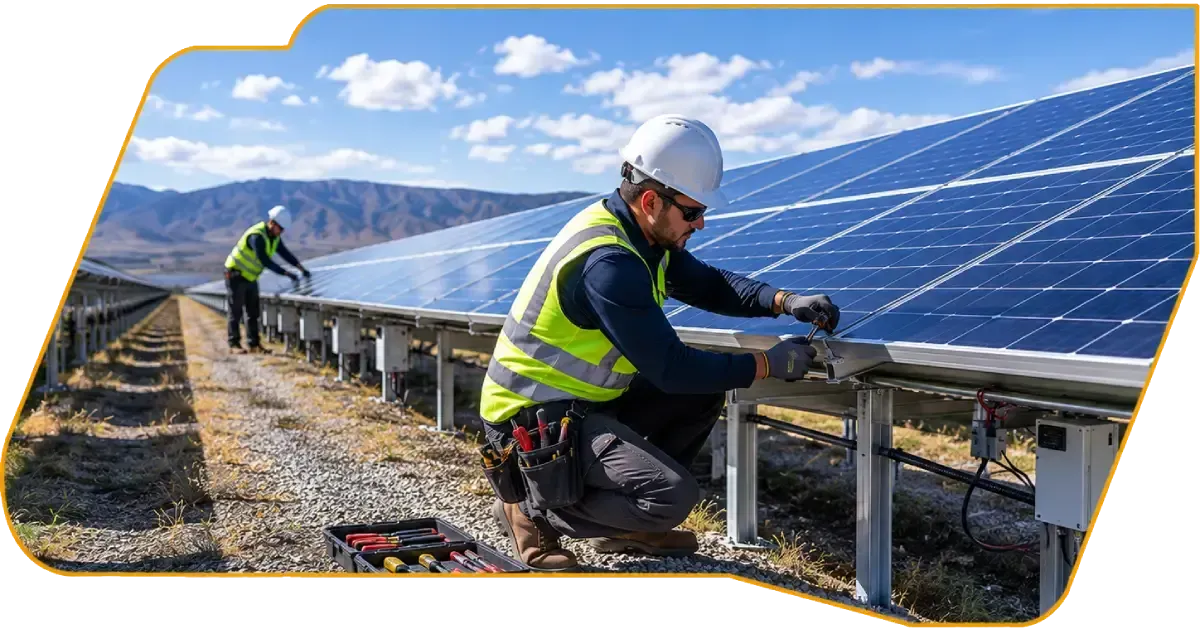 Workers in safety vests installing solar panels on a sunny hillside with mountains in the background