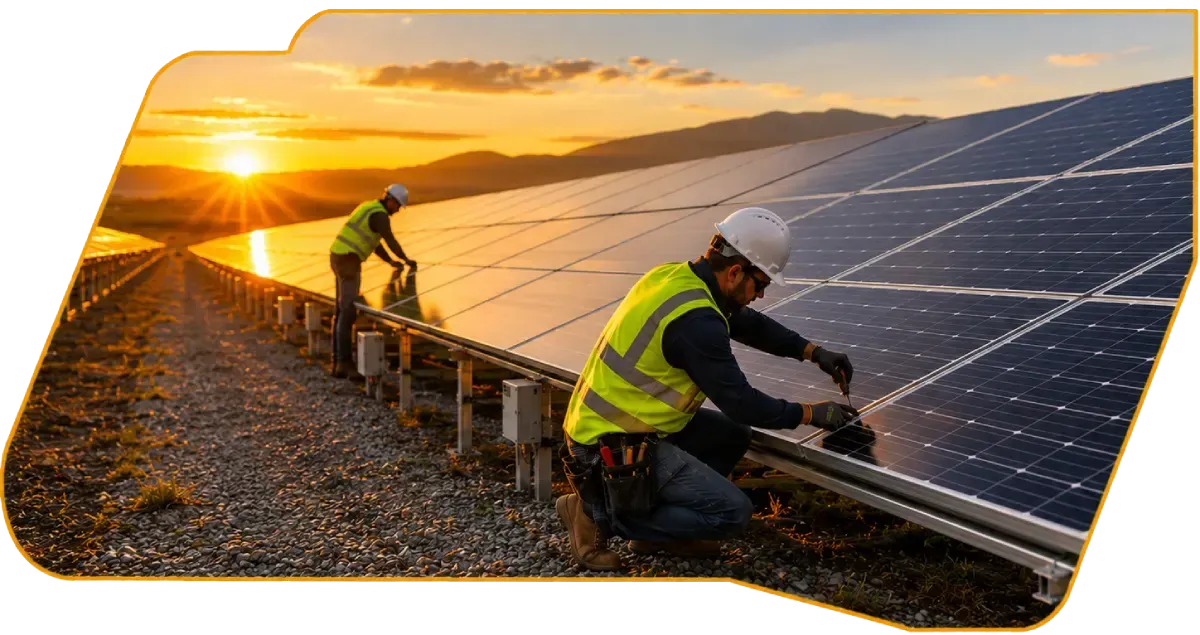 Workers installing solar panels at sunrise on a rooftop, with one kneeling and one standing nearby.