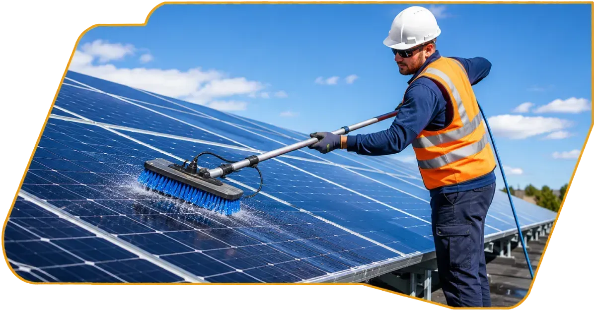 Worker cleaning solar panels on a rooftop under a blue sky
