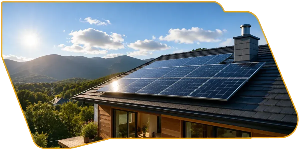 House rooftop with solar panels at sunset, overlooking mountains and a bright sky