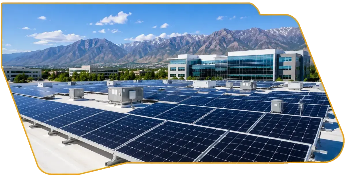 Solar panels on a rooftop with mountains and a modern office building in the background
