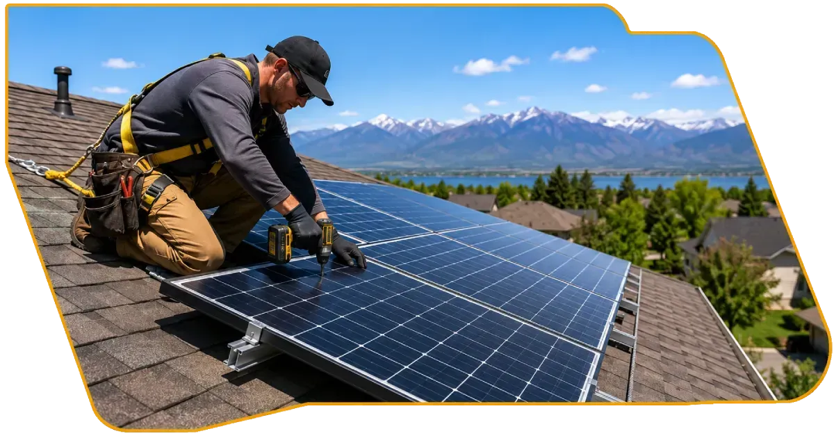 Worker installing solar panels on a rooftop with mountains in the background.