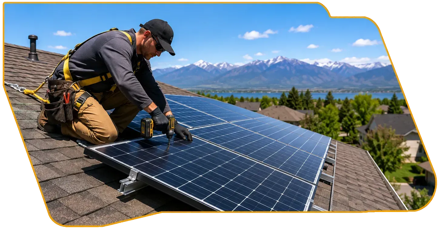 Worker installing solar panels on a roof with mountains in the background