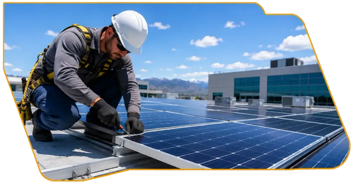 Worker installing solar panels on a rooftop under a blue sky