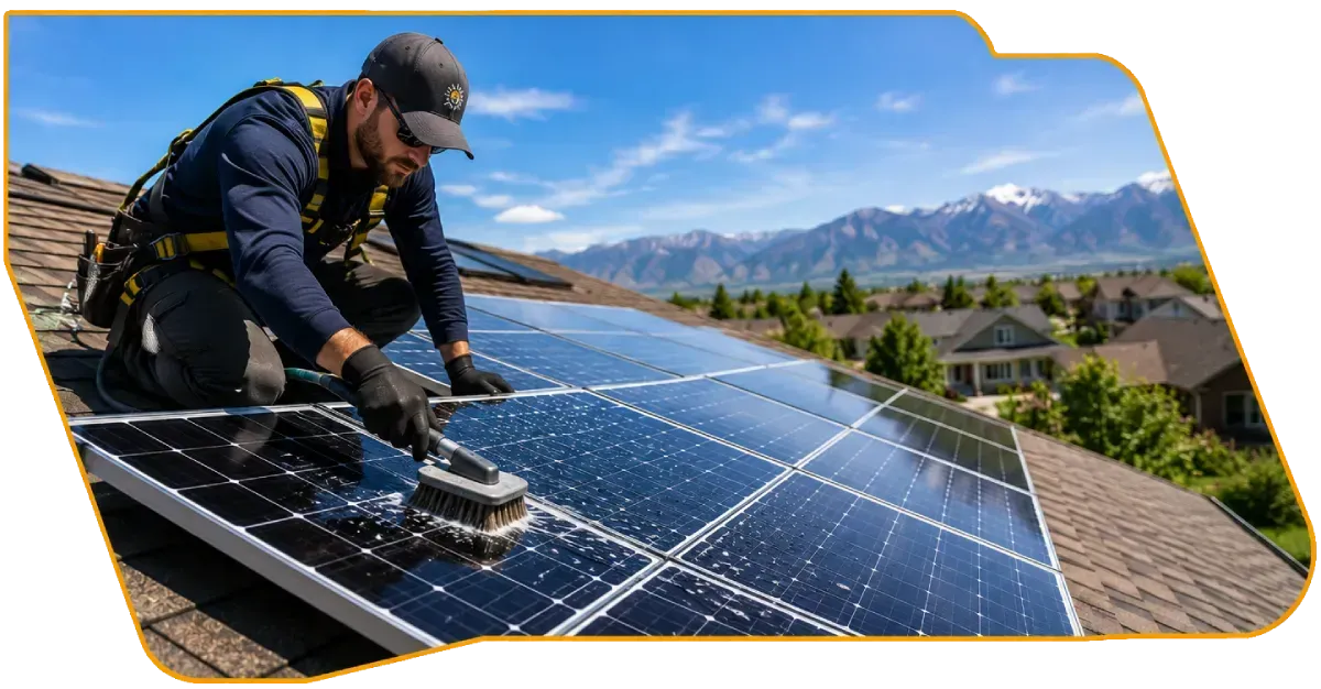 Worker cleaning solar panels on a rooftop with mountains in the background