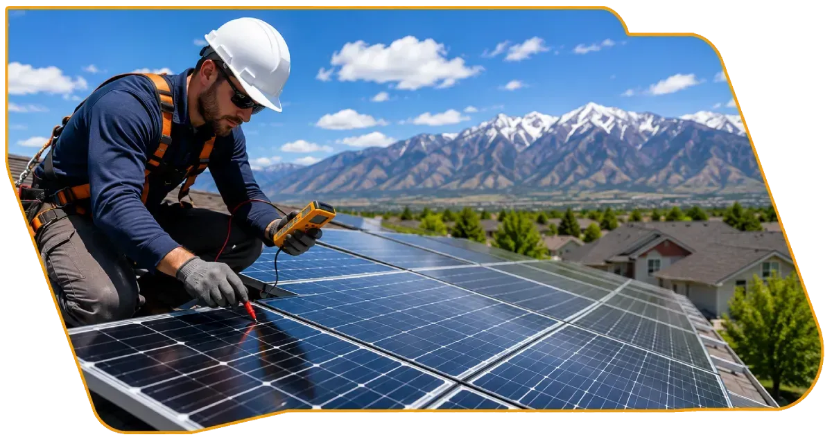 Technician cleaning solar panels on a rooftop with mountains in the background