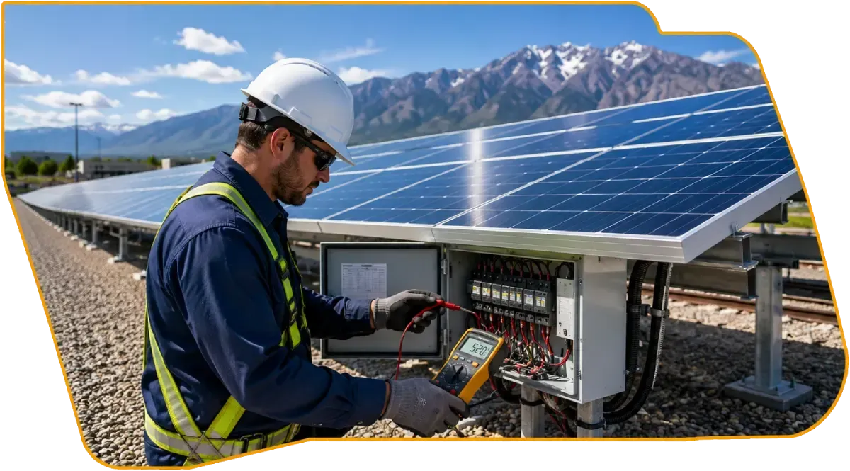 Technician inspecting electrical equipment beside a solar panel array with mountains in the background