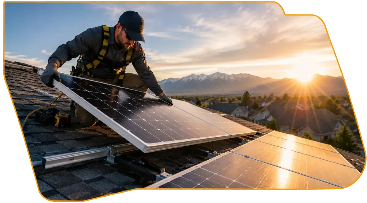 Worker installing solar panels on a rooftop at sunset