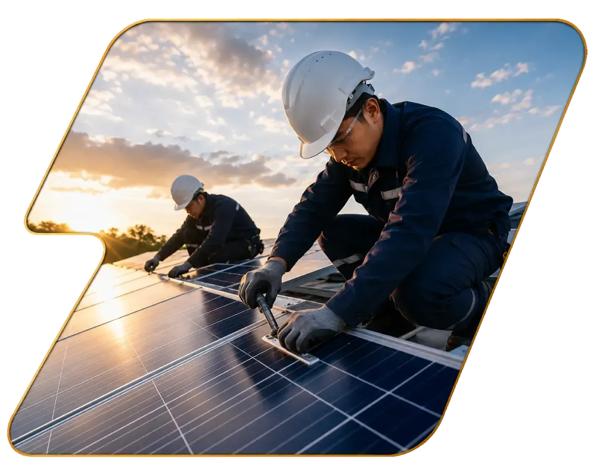 Two solar installers in white hard hats working on rooftop panels at sunset