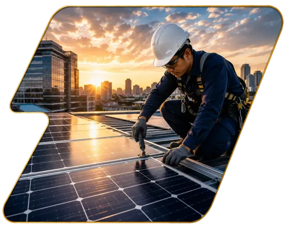 Worker installing solar panels on a rooftop at sunset, with city buildings in the background.