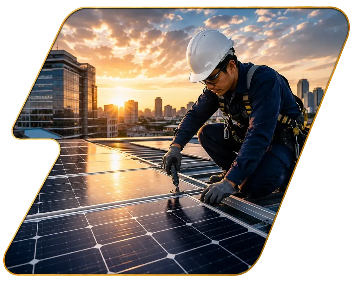 Worker installing solar panels on a rooftop at sunset, with city buildings in the background.