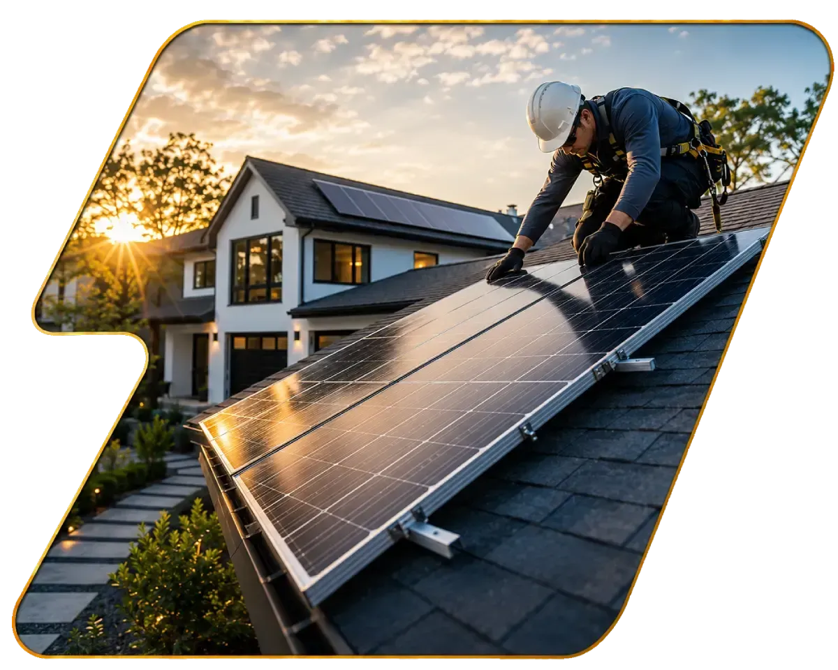 Worker installing solar panels on a rooftop at sunset, with a house in the background.