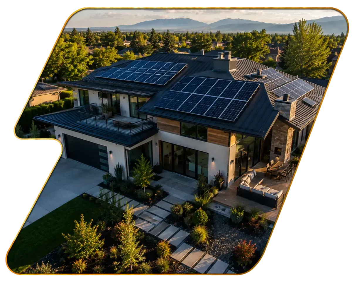 Modern house with solar panels and landscaped yard at sunset, with mountains in the background