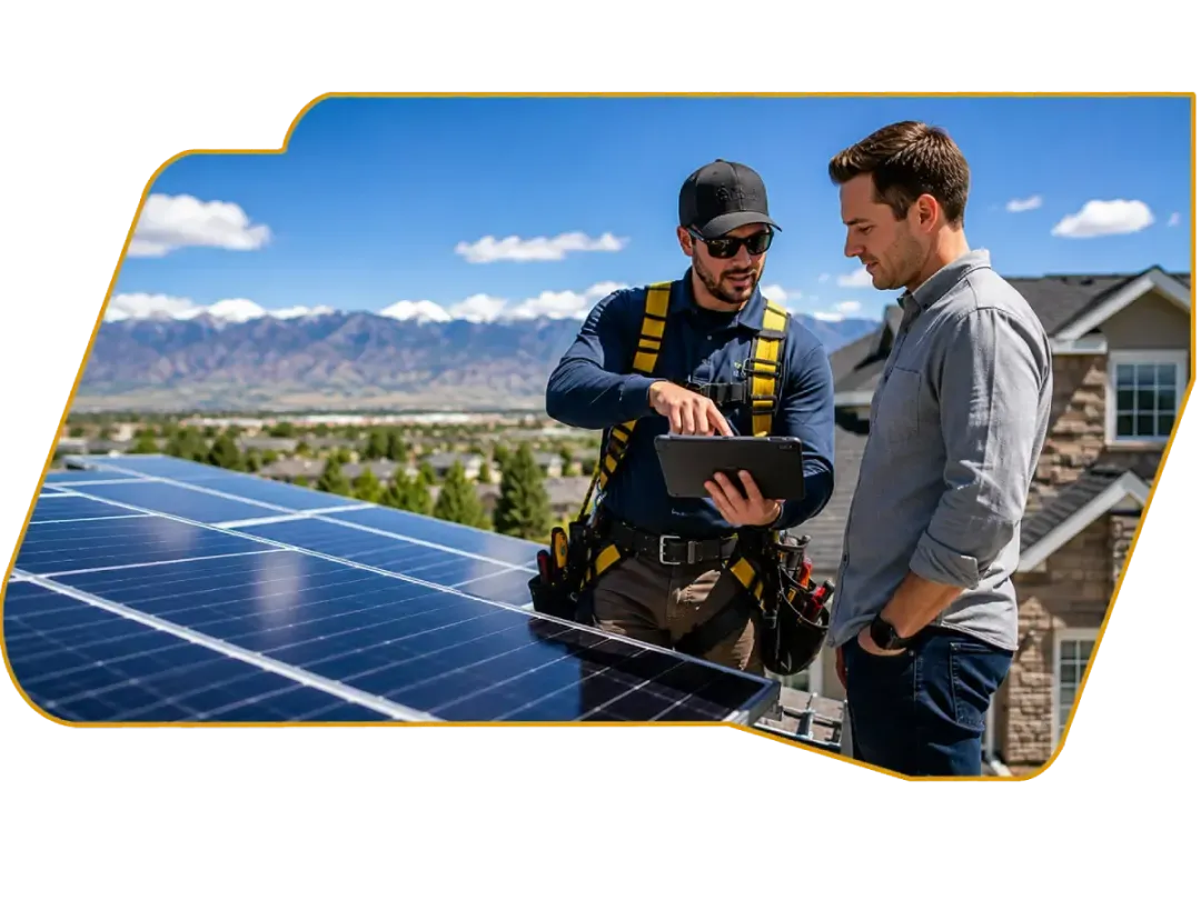 Workers installing blue solar panels on a rooftop under a partly cloudy sky
