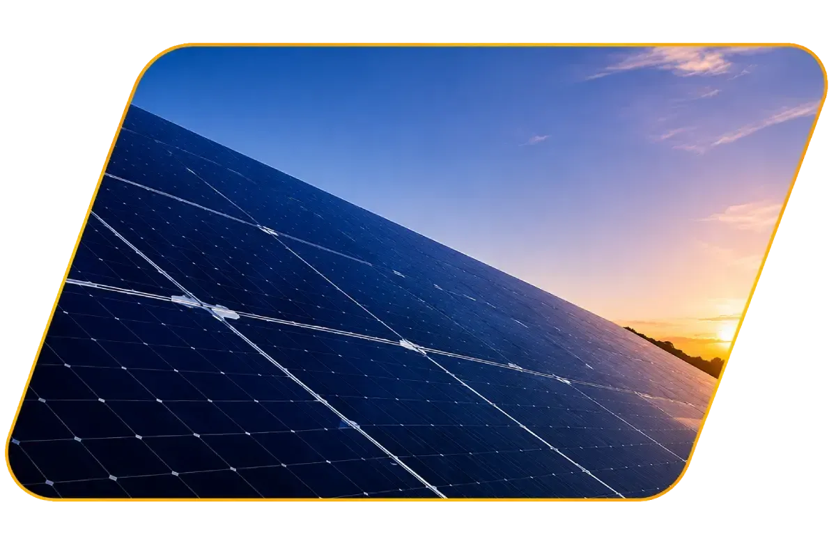 Solar panels at sunset with blue sky and warm orange light