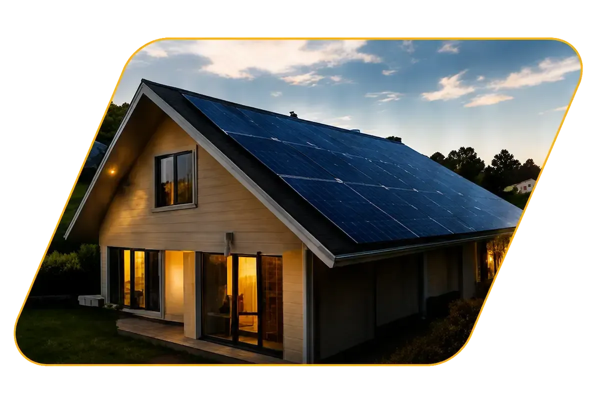Modern house with solar panels on the roof at sunset