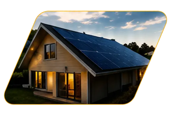 Modern house with solar panels on the roof at sunset