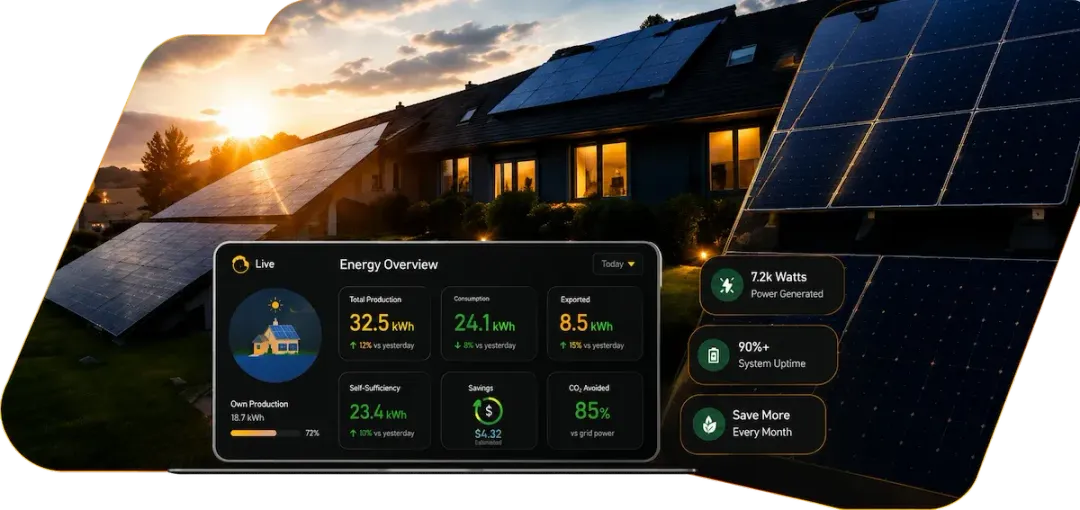 Smart home energy dashboard over solar panels at sunset beside a house
