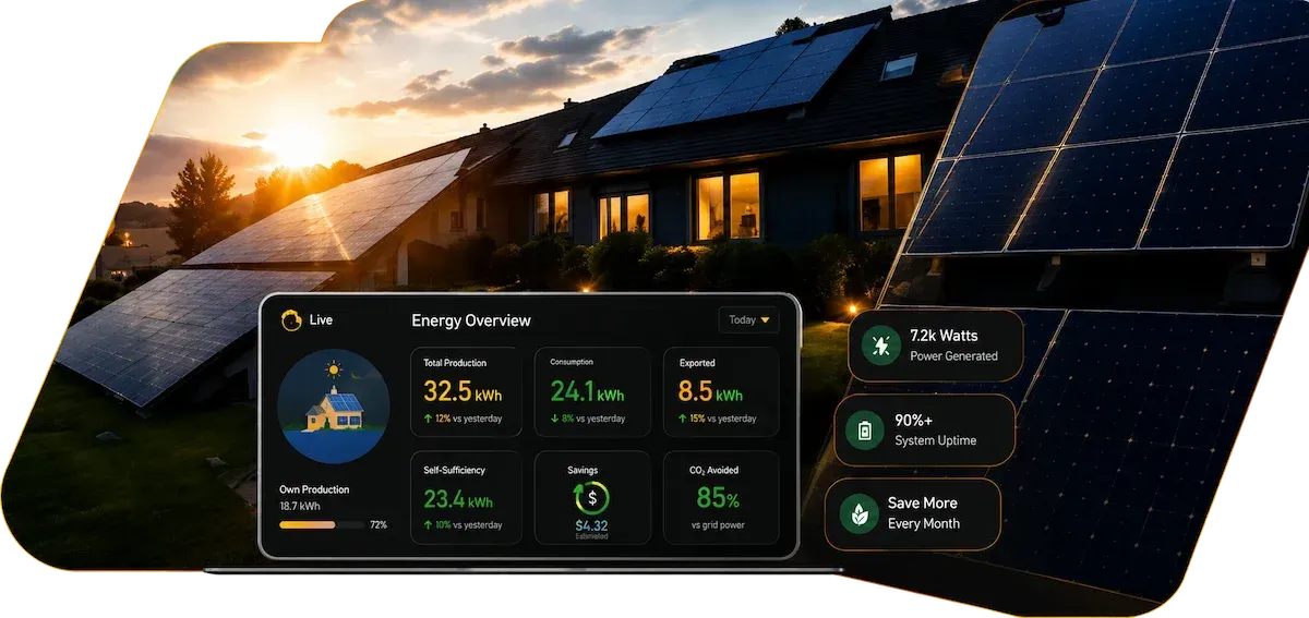 Smart home energy dashboard over solar panels at sunset beside a house