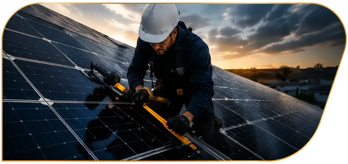 Worker in hard hat installing solar panels at sunset on a rooftop