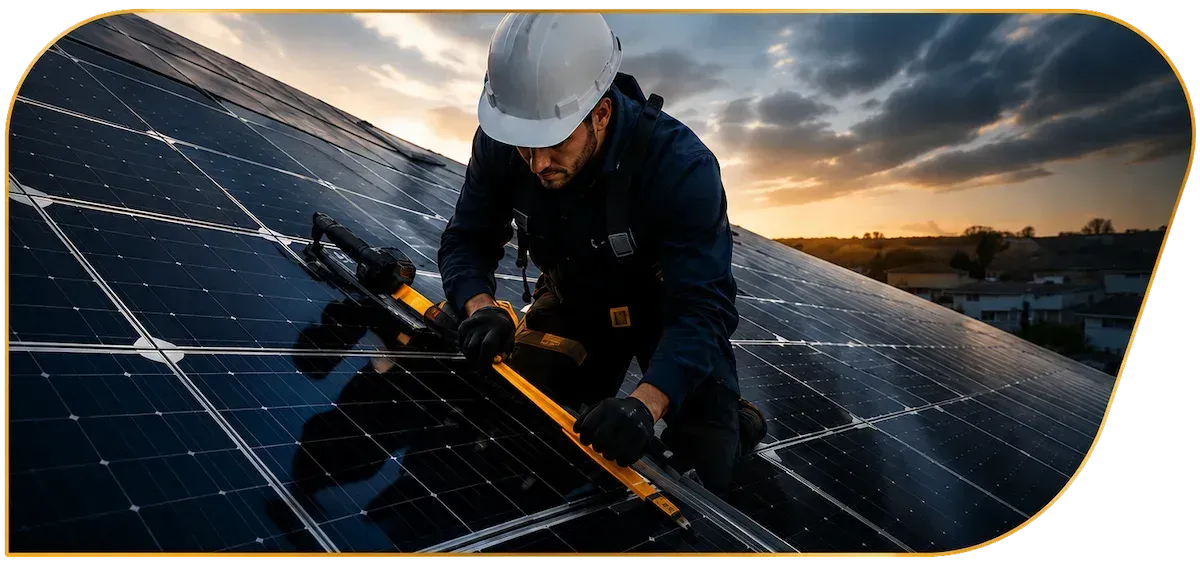 Worker in hard hat installing solar panels at sunset on a rooftop
