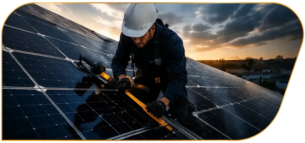 Worker installing solar panels on a rooftop at sunset, using a drill on blue-black panels.