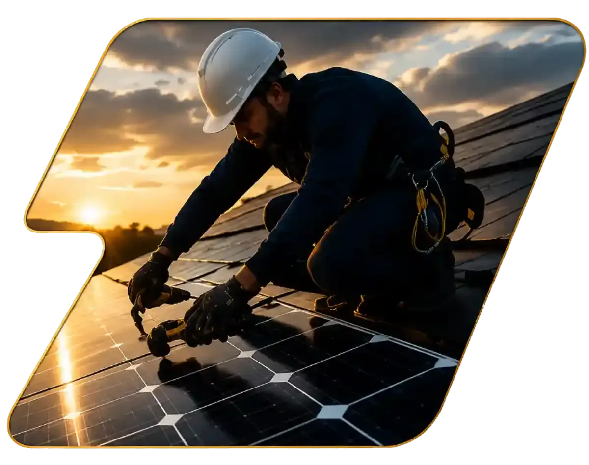 Worker installing solar panels on a rooftop at sunset