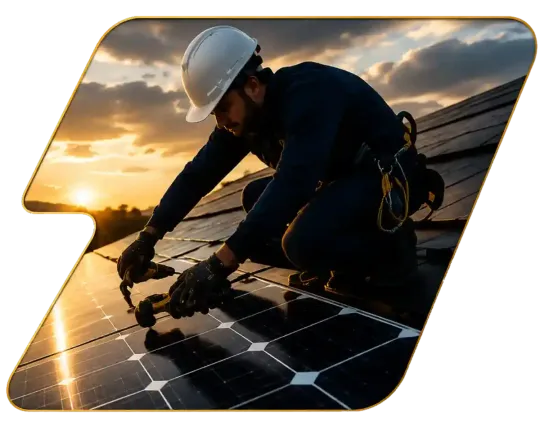 Worker installing solar panels on a rooftop at sunset