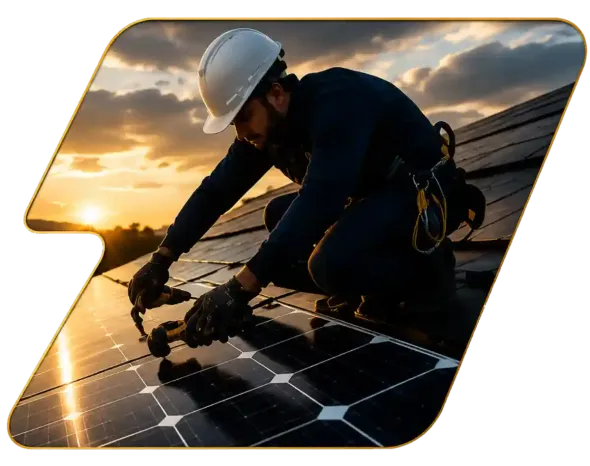 Worker installing solar panels on a rooftop at sunset