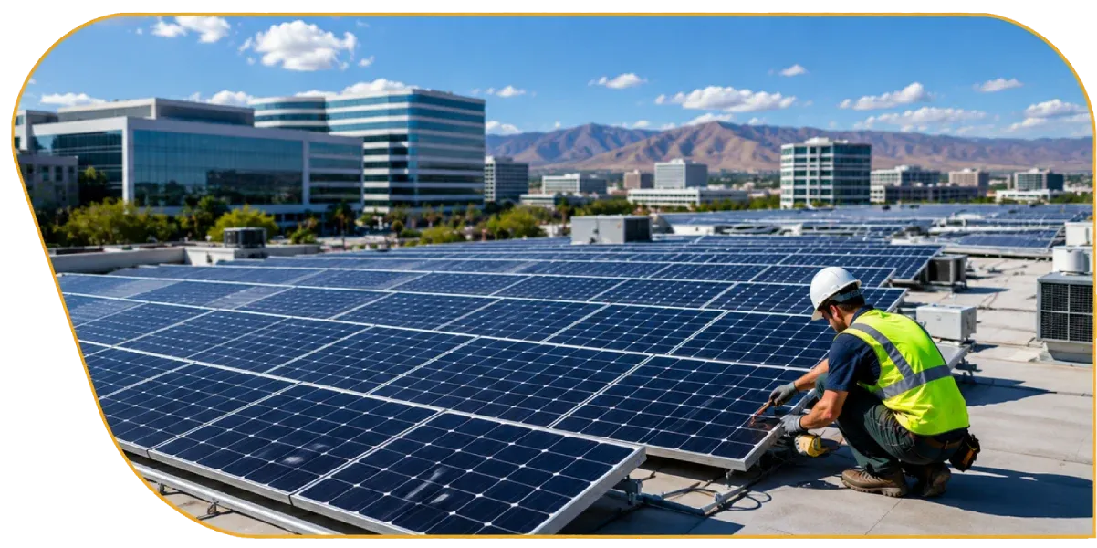 Solar panels on a rooftop with a worker in a safety vest inspecting them under a blue sky.