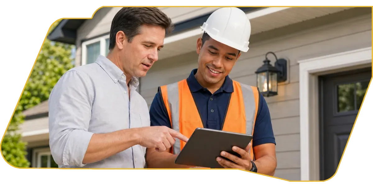 Two workers reviewing blueprints at a construction site, one wearing a yellow hard hat