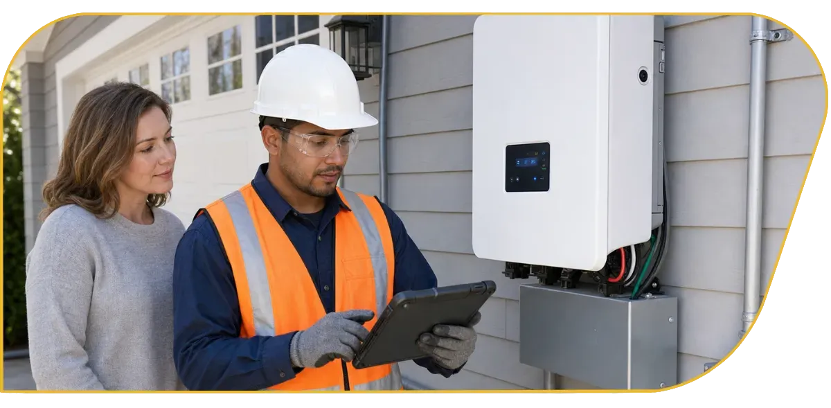 Technician in a yellow safety vest using a tablet beside industrial equipment