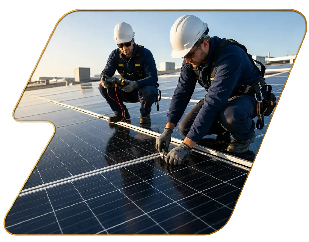 Two workers in hard hats installing solar panels on a rooftop under bright sunlight