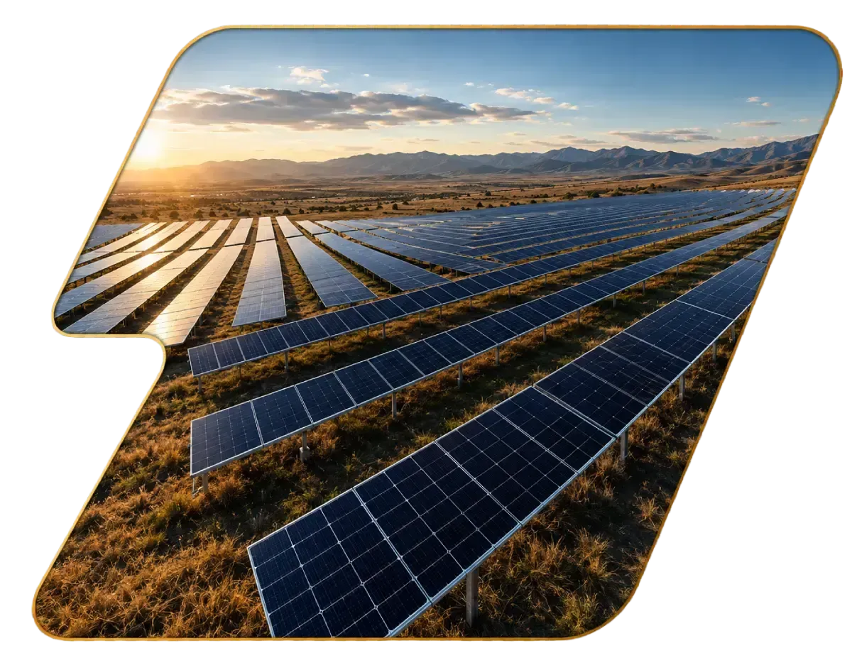 Solar panels in a field at sunrise with mountains in the background