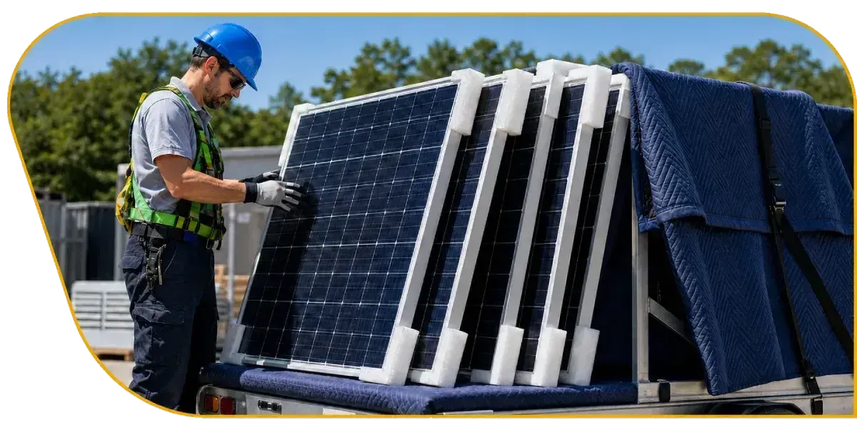 Worker in blue hard hat inspecting solar panels on a rooftop under a clear sky