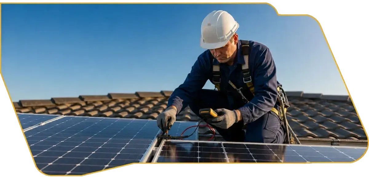Worker in hard hat installing solar panels on a rooftop under a clear blue sky