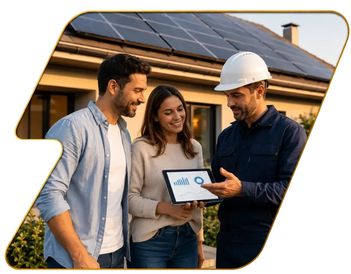 Three people reviewing a tablet outside a house with solar panels, smiling together