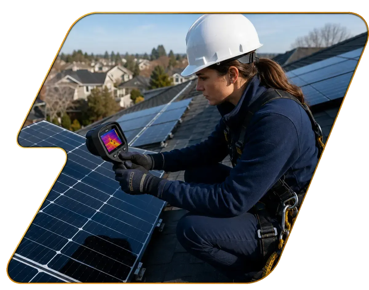 Technician inspecting rooftop solar panels with a thermal camera on a sunny day